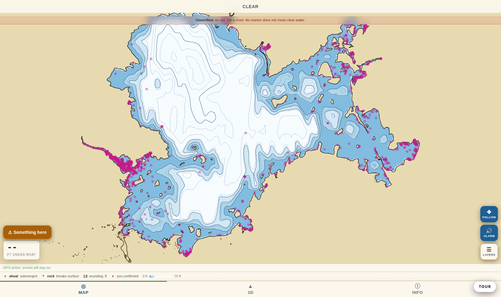 The shoalrun map of Millinocket Lake in chart mode: the lake shaded by depth with contour lines, thousands of hazard candidates marked along the shore and islands, an unverified banner across the top, and the Follow, Alarm and Layers controls down the right-hand side.