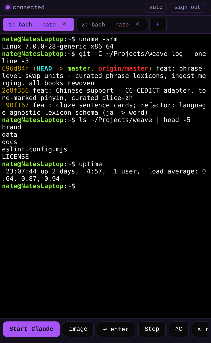 A phone-sized terminal, two shell sessions in a tab strip, real command output from the desktop machine, and a row of one-tap keys along the bottom.