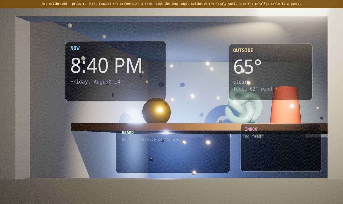 The tvwindow scene: a room rendered behind the screen with clock, weather and inbox panels floating in it, drawn with an off-axis projection.